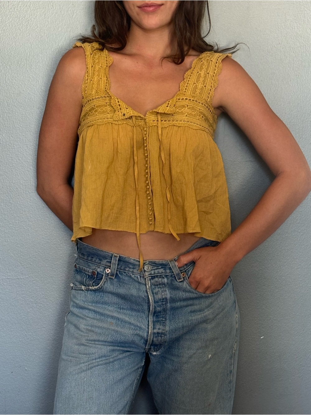 Doen Mustard Yellow Lace-Trim top
